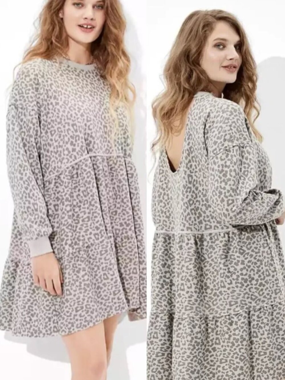 AMERICAN EAGLE Gray Leopard Cheetah Cutout Long Sleeve Babydoll Fit Flare Dress